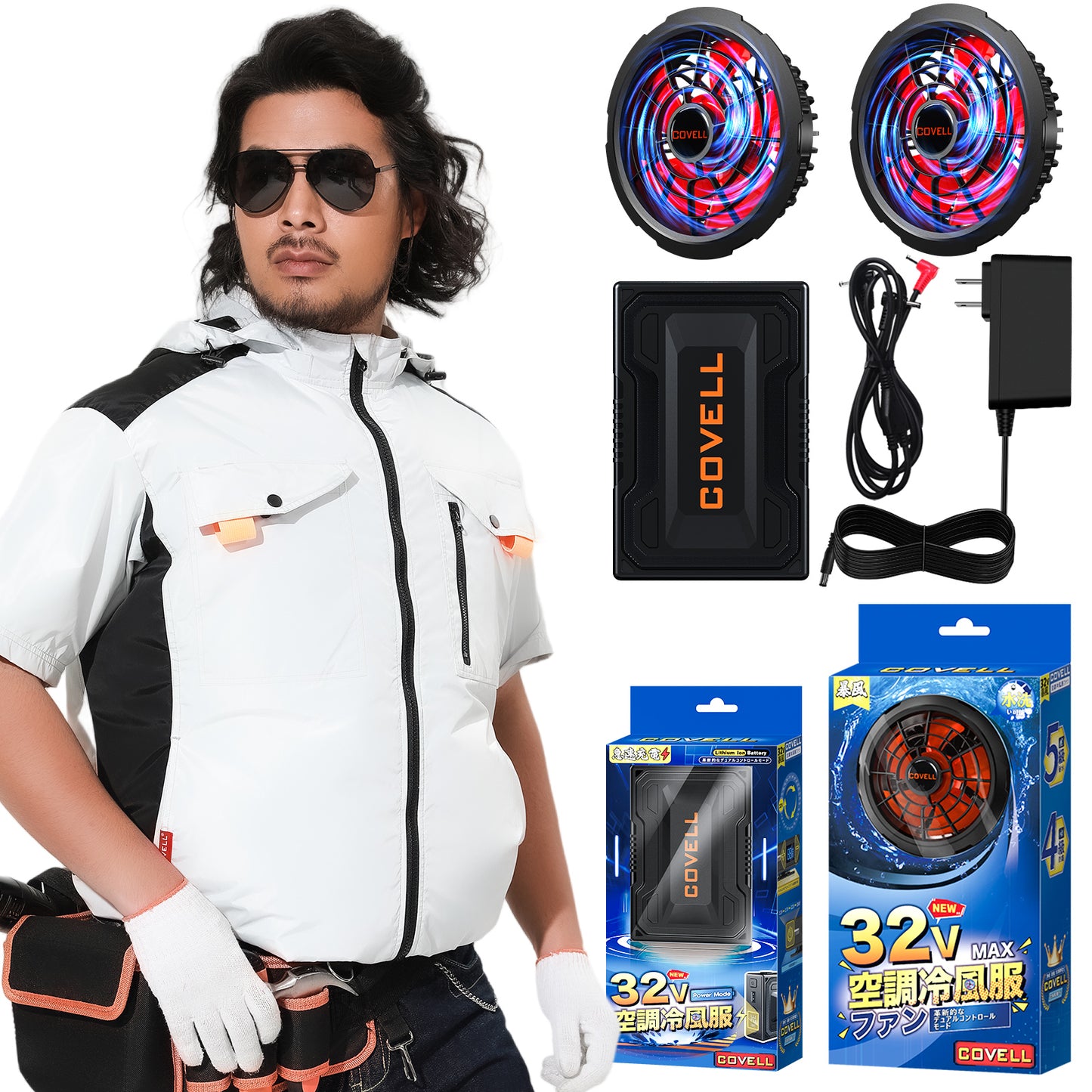 32V|空調服セット【フード付き半袖、5カラー、S~7L】