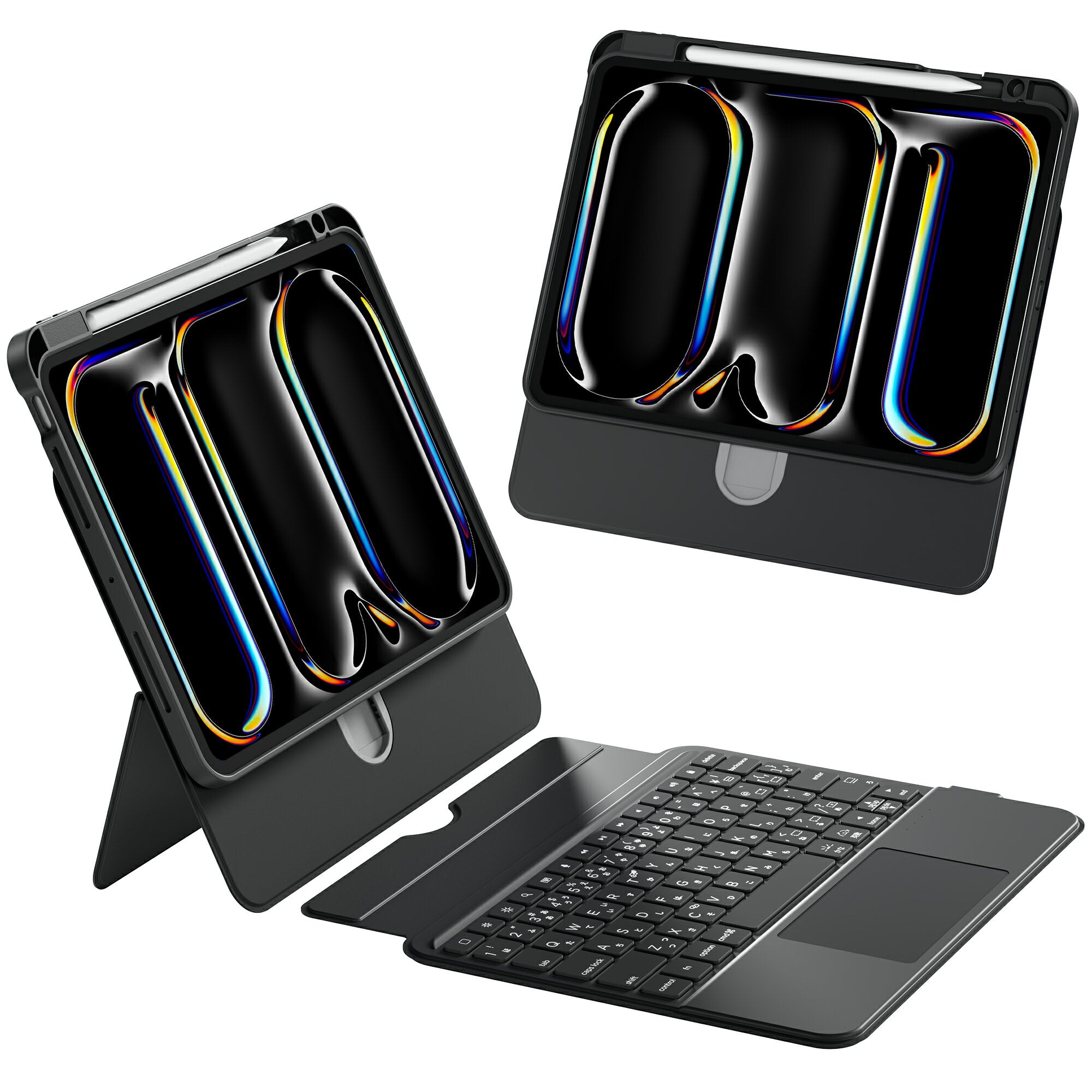 iPad用 キーボード付きケース 一体型／着脱式 選択可能 高さ調節 360